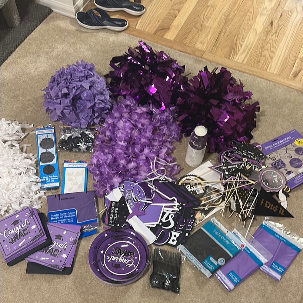 Purple and White Graduation Party Supplies Set
